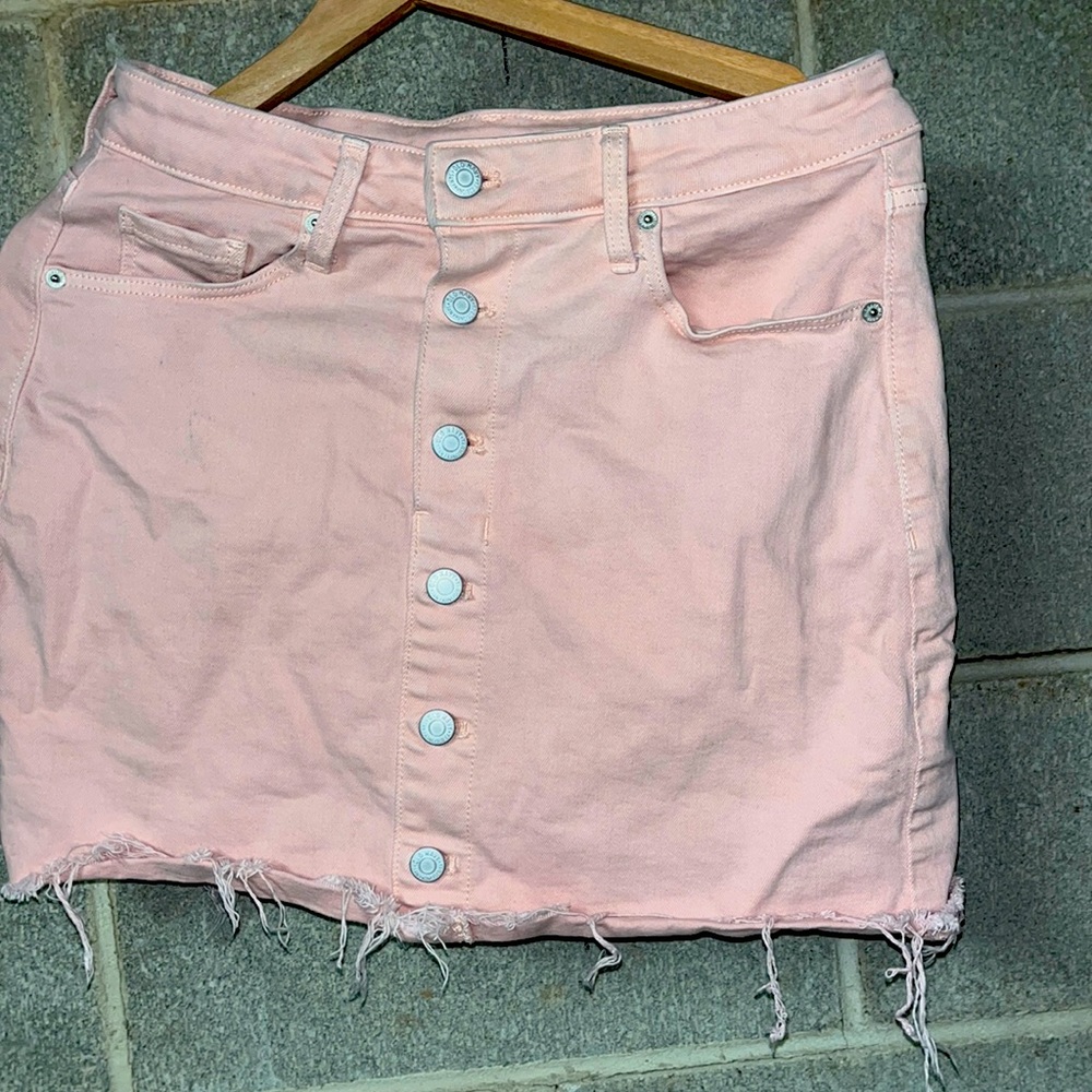 Denim skirt / button down / baby pink
